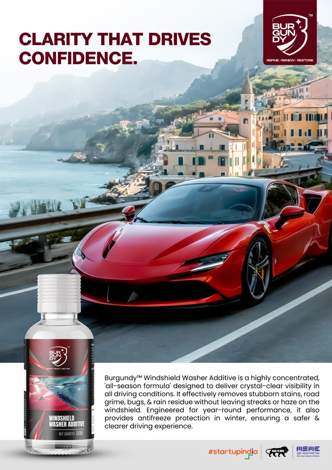 Burgundy all weather windshield washer additive with antifreeze protection