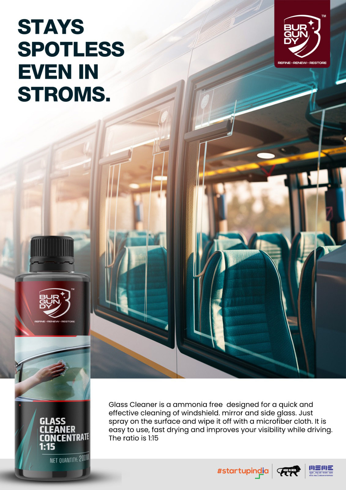 Burguny ammonia free glass cleaner concentrate for windshields and mirrors